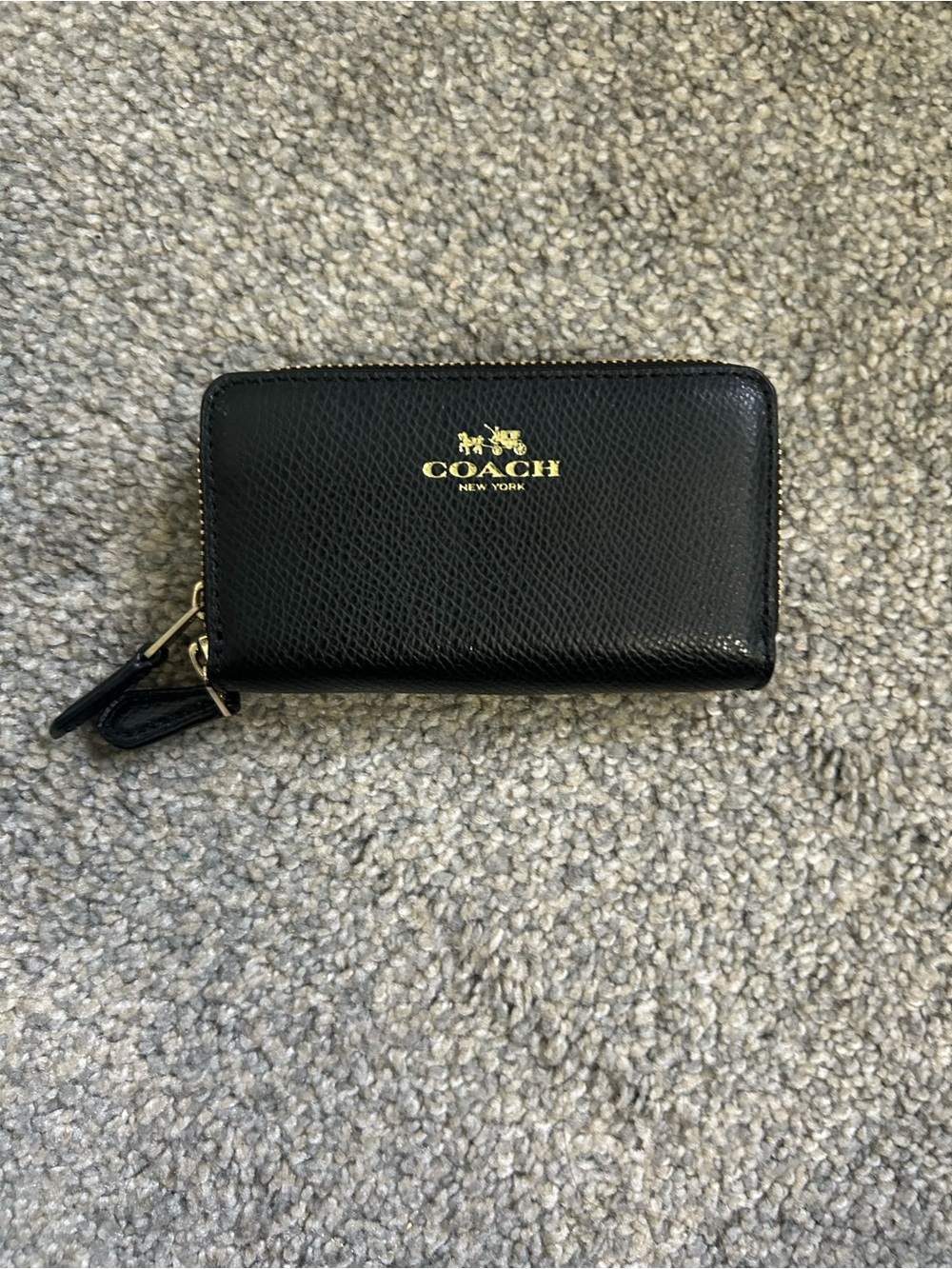 Coach Mini Black Leather Zip-Around Card Case with Gold Logo